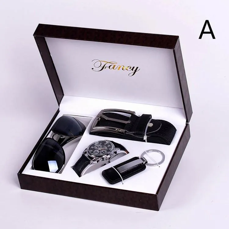 Men's Gift High-End Watch Fashion Sunglasses Keychain 4 Piece Set