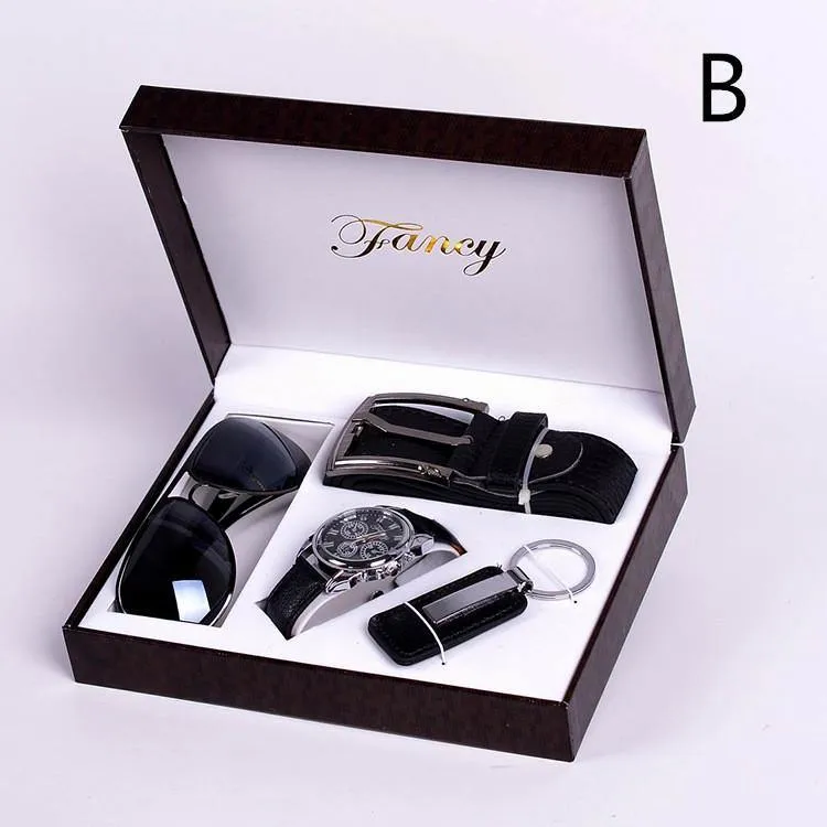 Men's Gift High-End Watch Fashion Sunglasses Keychain 4 Piece Set