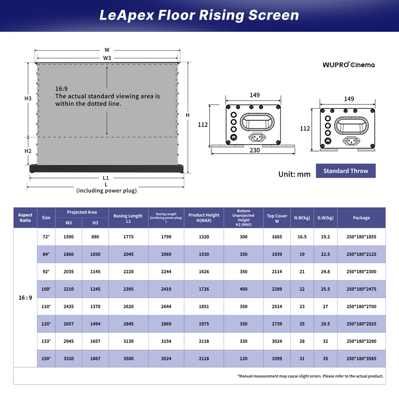 WUPRO Cinema LeApex Smart Motorized Floor Rising Screen Grey Crystal
