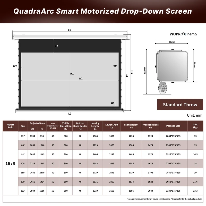 WUPRO Cinema QuadraArc Smart Motorized Drop-Down Screen Soft Matte Grey