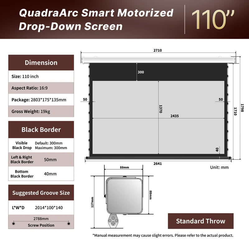 WUPRO Cinema QuadraArc Smart Motorized Drop-Down Screen Soft Matte Grey