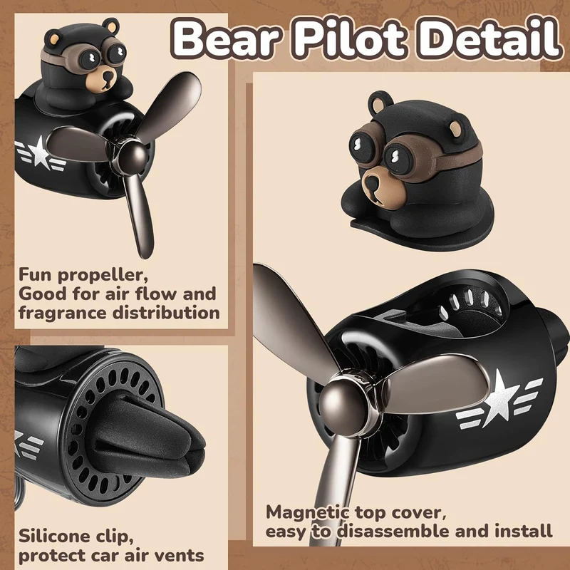 Bear Pilot Car Air Freshener with Rotating Propeller
