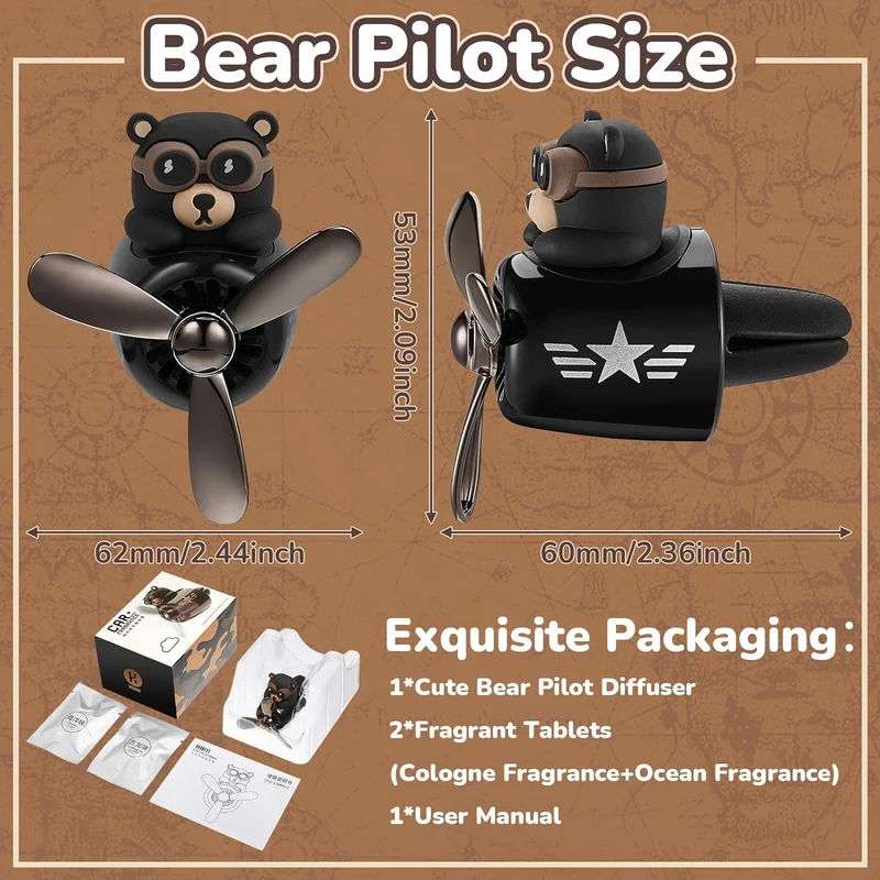 Bear Pilot Car Air Freshener with Rotating Propeller