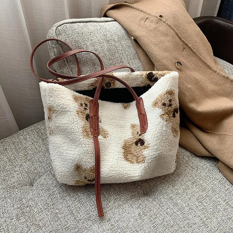 Plush Teddy Bear Print Shoulder Bag