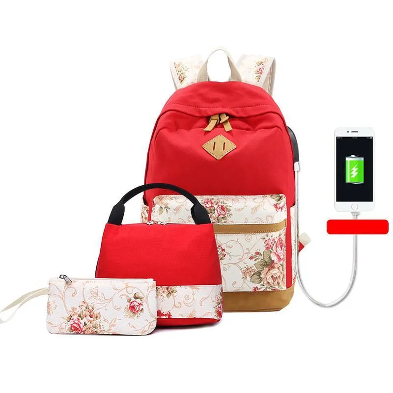Floral Canvas School Bag Sets (3 Pcs)