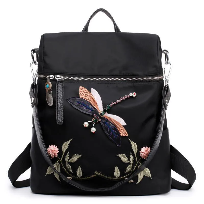 Dragonfly Embroidered Handbag Convertible Backpack