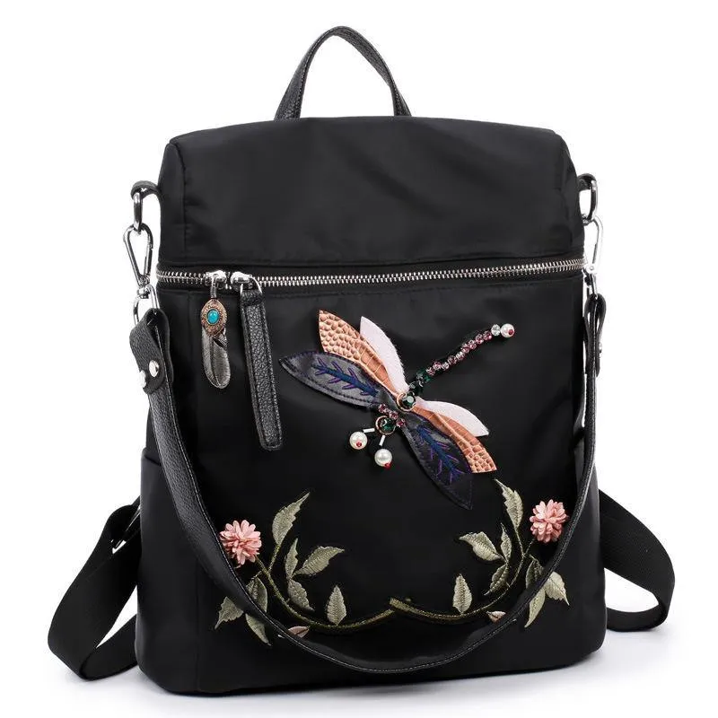 Dragonfly Embroidered Handbag Convertible Backpack