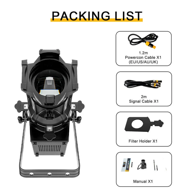 LED Fixed Focus LEKO 250W/350W Profile Spotlight - RGBWAUV/RGBLAC/RGBW/RGBL/Warm+Cool White | Four-leaf Manual Shutters
