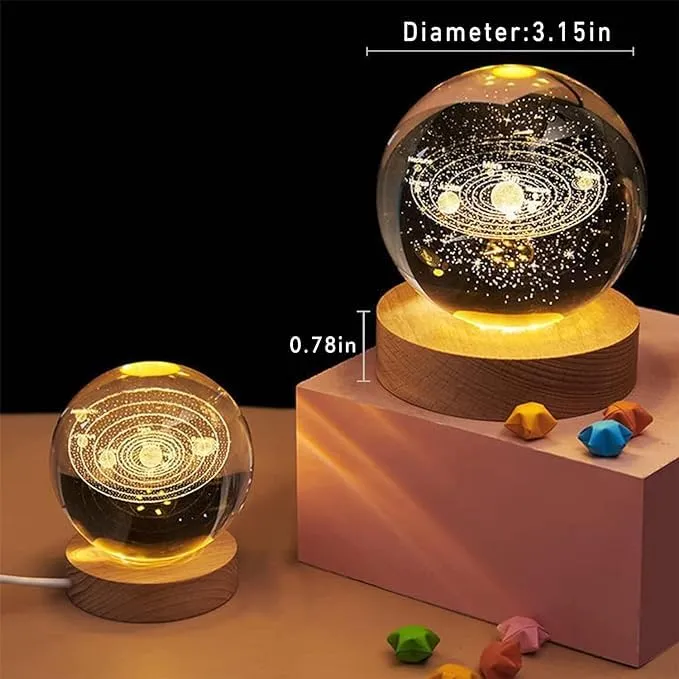 Universe Crystal Ball Night Light,3D Glass Ball Night LED Lamp with Woodern Base,Colorful LED Wooden Crystal Ball