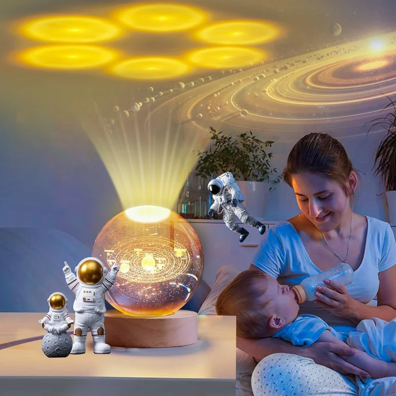 Universe Crystal Ball Night Light,3D Glass Ball Night LED Lamp with Woodern Base,Colorful LED Wooden Crystal Ball
