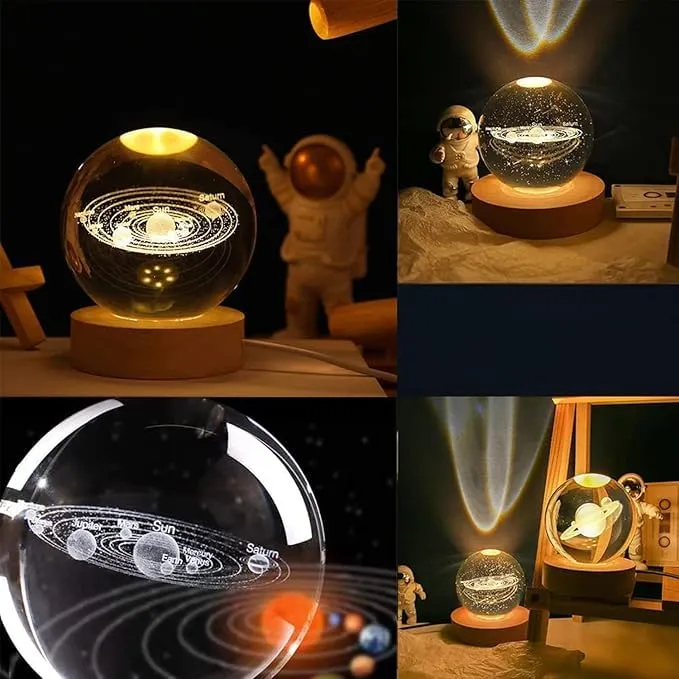 Universe Crystal Ball Night Light,3D Glass Ball Night LED Lamp with Woodern Base,Colorful LED Wooden Crystal Ball