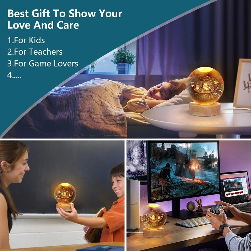Universe Crystal Ball Night Light,3D Glass Ball Night LED Lamp with Woodern Base,Colorful LED Wooden Crystal Ball