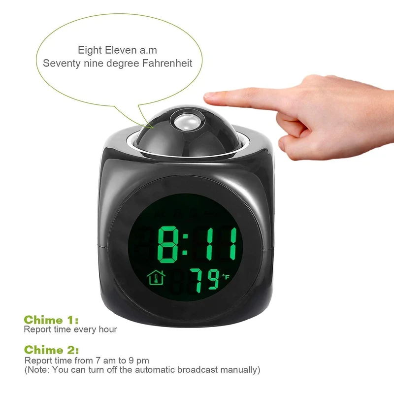 Projection Alarm Clock (Digital LCD Voice Talking Function, LED Wall/Ceiling Projection, Alarm/Snooze/Temperature Display, 12hr/24hr, Bedside Alarm