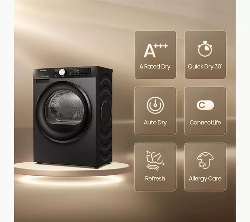 Hisense 3S Series DH3S802BB3 WiFi-enabled 8kg Heat Pump Tumble Dryer Black - A+++ Rated