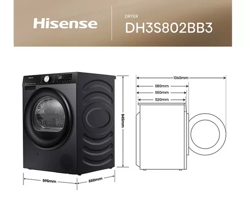 Hisense 3S Series DH3S802BB3 WiFi-enabled 8kg Heat Pump Tumble Dryer Black - A+++ Rated