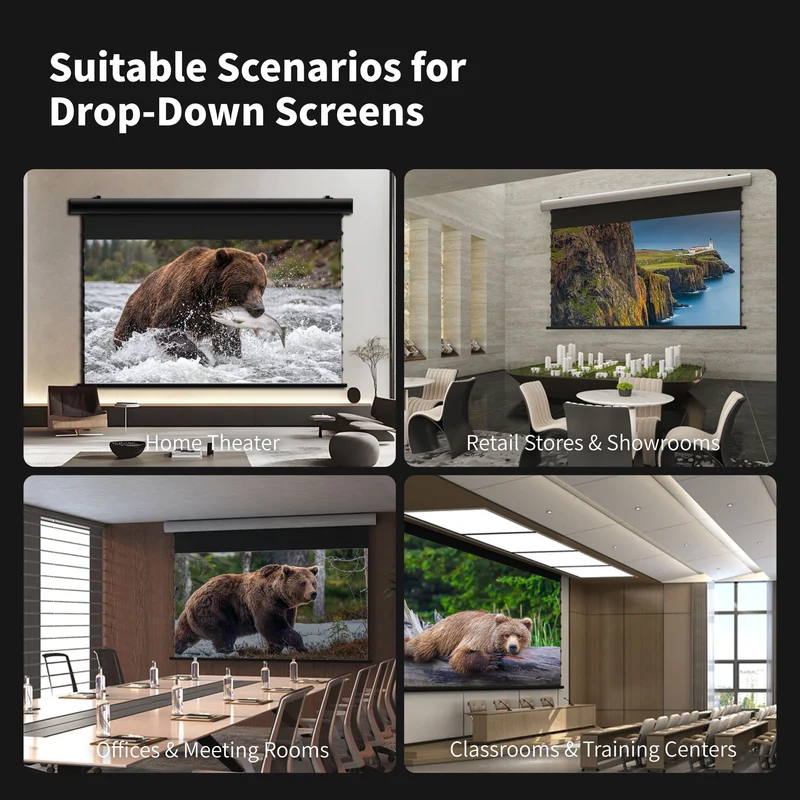 72"-150" Seamless WUPRO Cinema FlowArc Black Grid Lenticular Smart CLR Motorized Drop Down Projector Screen For UST Projector