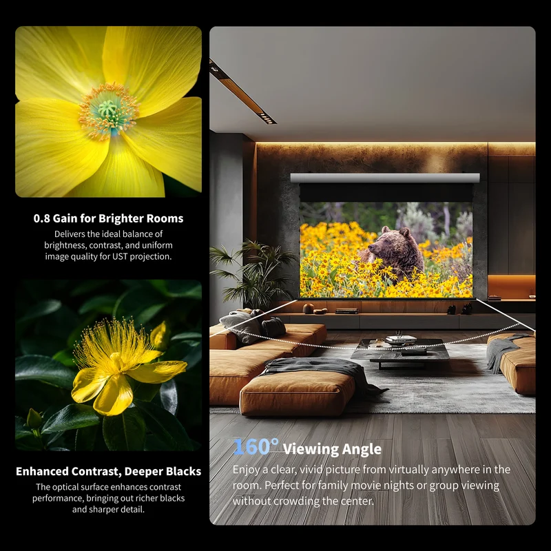 72"-150" Seamless WUPRO Cinema FlowArc Black Grid Lenticular Smart CLR Motorized Drop Down Projector Screen For UST Projector