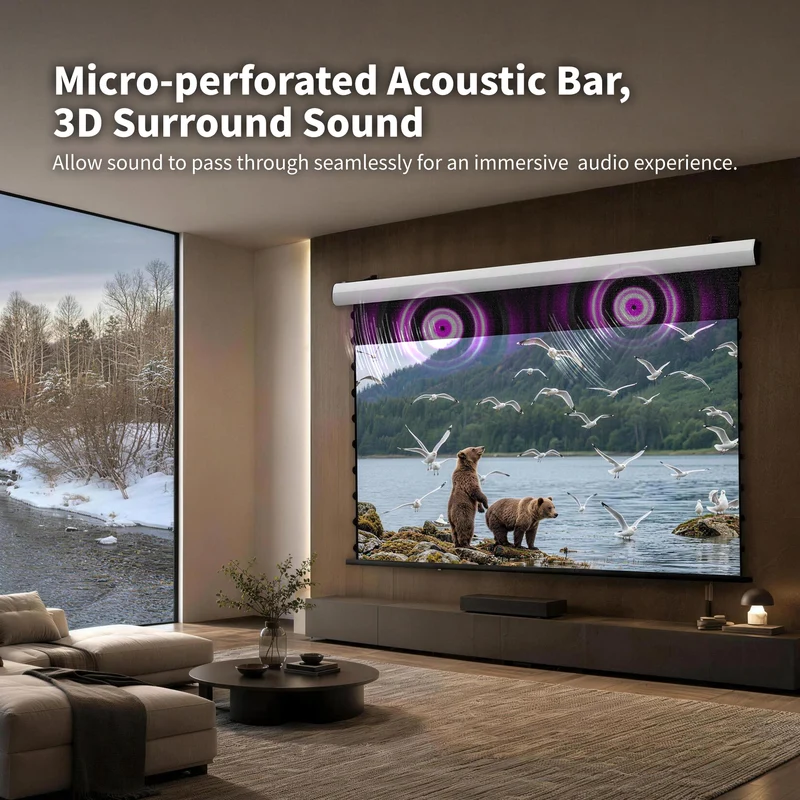 72"-150" Seamless WUPRO Cinema FlowArc Black Grid Lenticular Smart CLR Motorized Drop Down Projector Screen For UST Projector