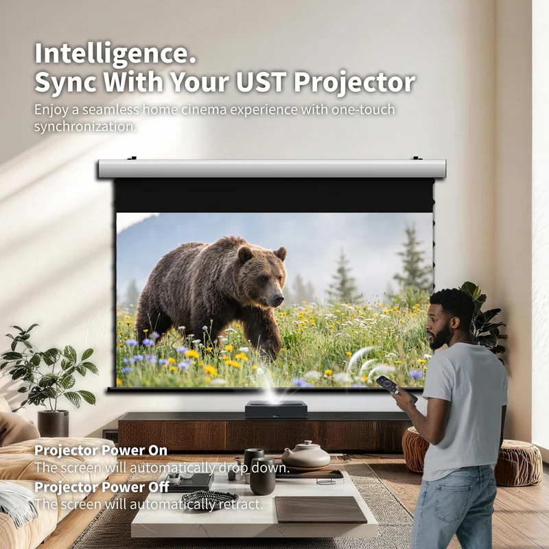 72"-150" Seamless WUPRO Cinema FlowArc Black Grid Lenticular Smart CLR Motorized Drop Down Projector Screen For UST Projector