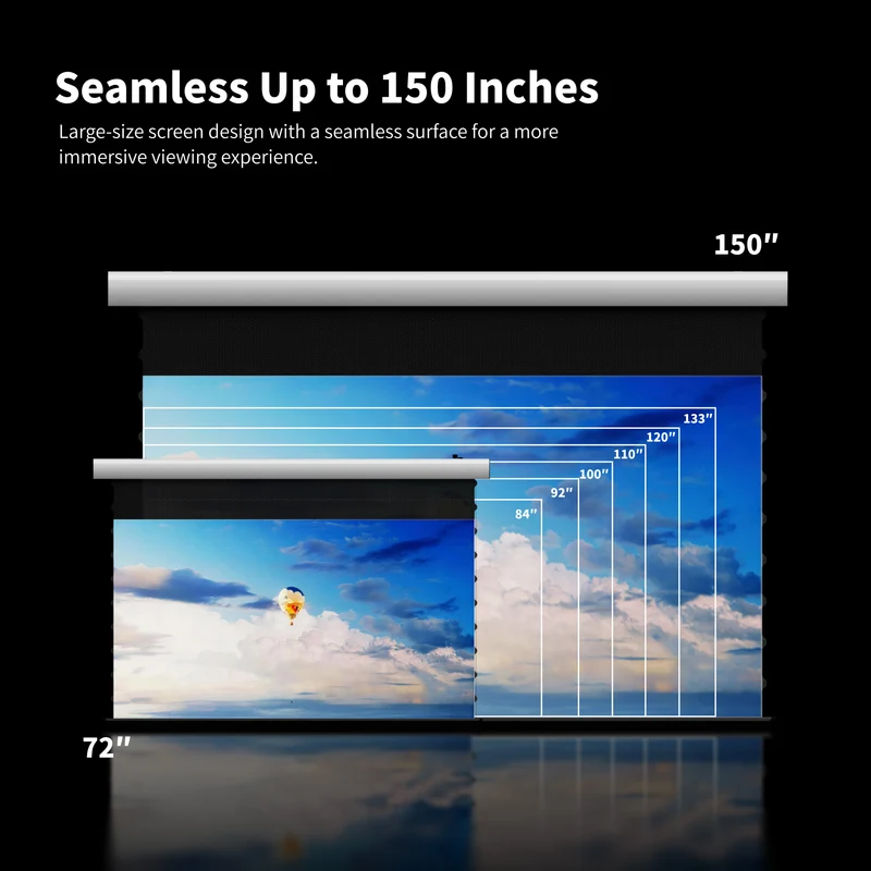 72"-150" Seamless WUPRO Cinema FlowArc Black Grid Lenticular Smart CLR Motorized Drop Down Projector Screen For UST Projector