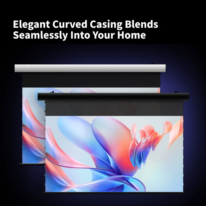 72"-150" Seamless WUPRO Cinema FlowArc Black Grid Lenticular Smart CLR Motorized Drop Down Projector Screen For UST Projector