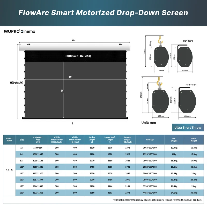 72"-150" Seamless WUPRO Cinema FlowArc Black Grid Lenticular Smart CLR Motorized Drop Down Projector Screen For UST Projector