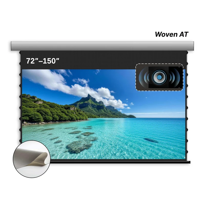72″–150″ WUPRO Cinema FlowArc Woven Acoustically transparent Smart Motorized Drop Down Projector Screen