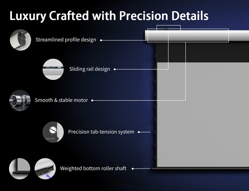 72″–150″ WUPRO Cinema FlowArc Woven Acoustically transparent Smart Motorized Drop Down Projector Screen