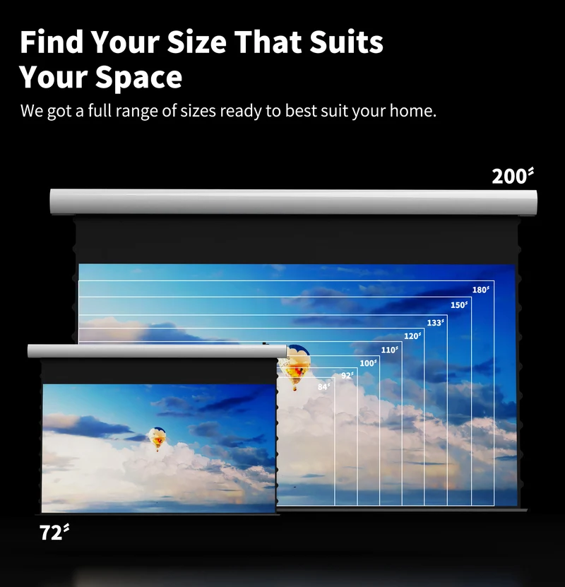 72″–150″ WUPRO Cinema FlowArc Woven Acoustically transparent Smart Motorized Drop Down Projector Screen