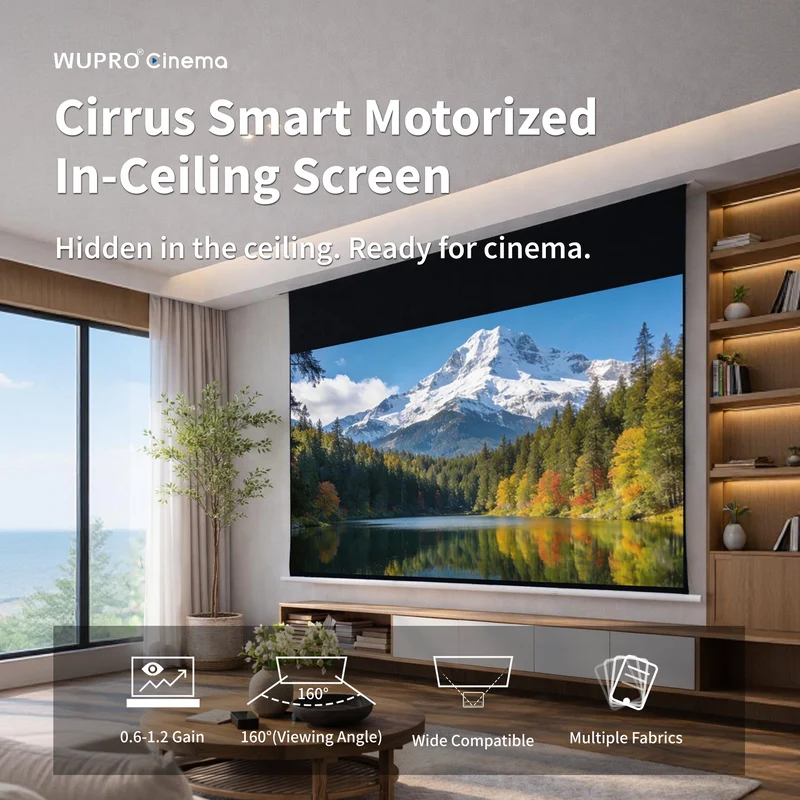 WUPRO Cinema Cirrus In-Ceiling Smart Motorized Drop Down Projector Screen For Long Throw Projector