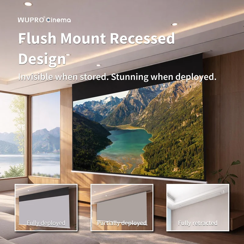 WUPRO Cinema Cirrus In-Ceiling Smart Motorized Drop Down Projector Screen For Long Throw Projector