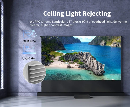 150-inch Seamless WUPRO Cinema Black Grid Lenticular ALR CLR Smart Motorized Tension Floor Rising Screen For UST Projector