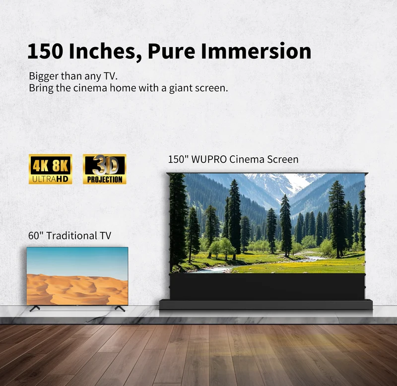 150-inch Seamless WUPRO Cinema Black Grid Lenticular ALR CLR Smart Motorized Tension Floor Rising Screen For UST Projector