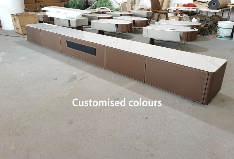 Customizable Saddle Leather WUPRO Cinema Motorised Smart Laser TV Cabinet With Floor Rising Screen For UST Projector