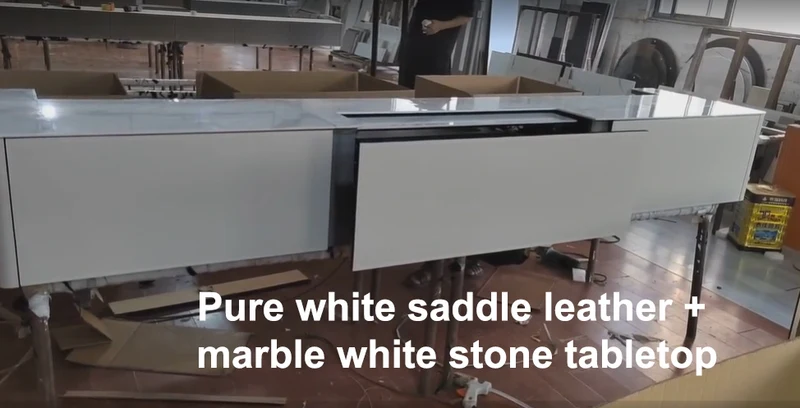 Customizable Saddle Leather WUPRO Cinema Motorised Smart Laser TV Cabinet With Floor Rising Screen For UST Projector