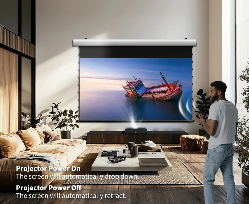 72"-120" WUPRO Cinema FlowArc Luxury CBSP Smart ALR CLR Motorized Drop Down Projector Screen For UST Projector