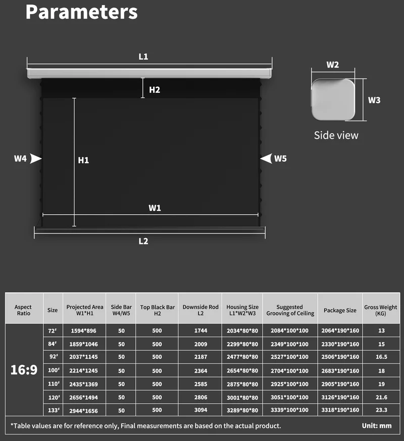 Wupro Cinema QuadraArc Tensioned Smart Motorized Drop Down Projector Screen For Long Throw Projector