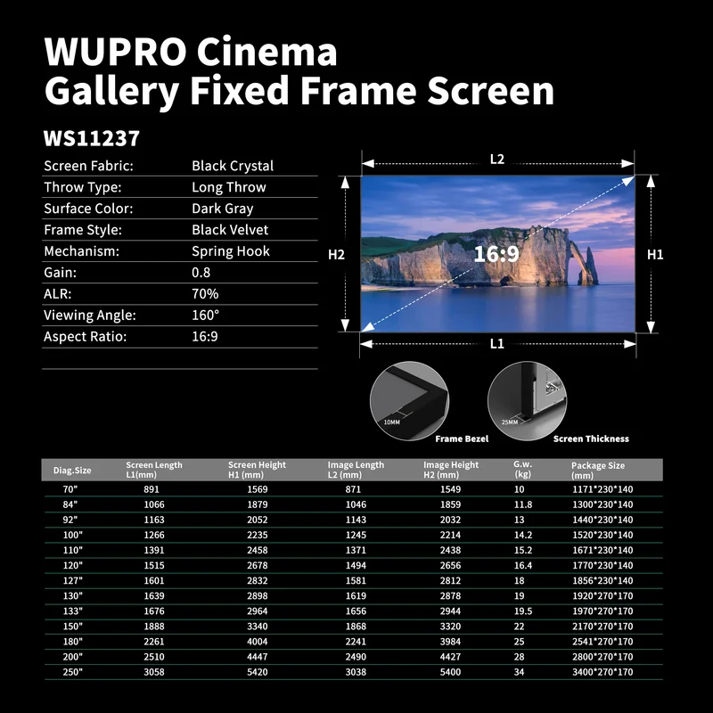 70"-150" Wupro Cinema Gallery Black Crystal ALR Ambient Light Rejecting Fixed Frame Projector Screen For Long Throw