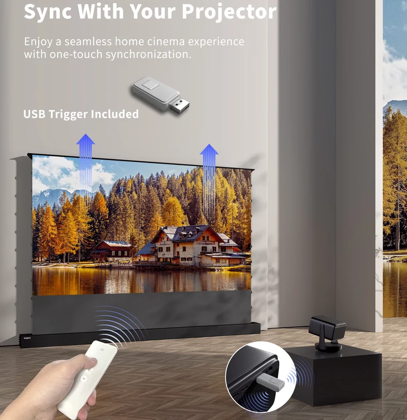 WUPRO CINEMA-LEVEL Smart Enhanced Gain Motorized Tension Floor Rising Screen For Long Throw projector