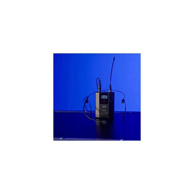 Mac Mah UHF bodypack transmitter (640 – 690 MHz) with cardioid headset mic, 30 mW power, 30 Hz – 20 kHz freq. response, 50 – 80