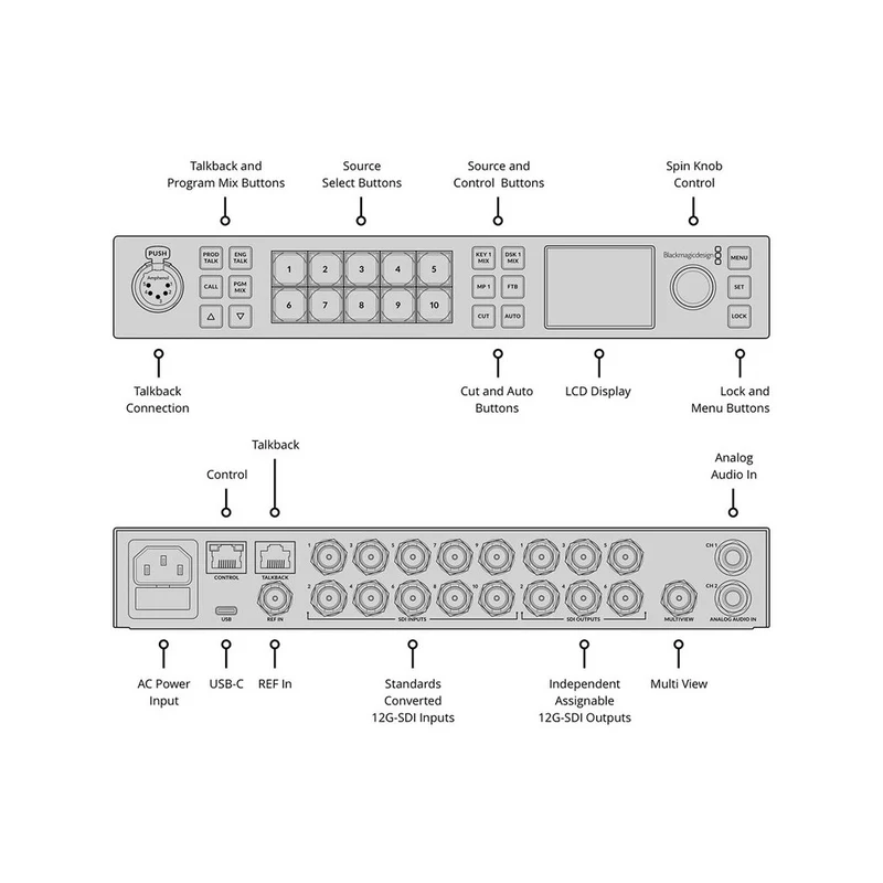 Blackmagic Design Live production switcher, 10 standards converted 12G-SDI inputs, 6 12G-SDI aux outputs, DVE, 4 ATEM advanced k