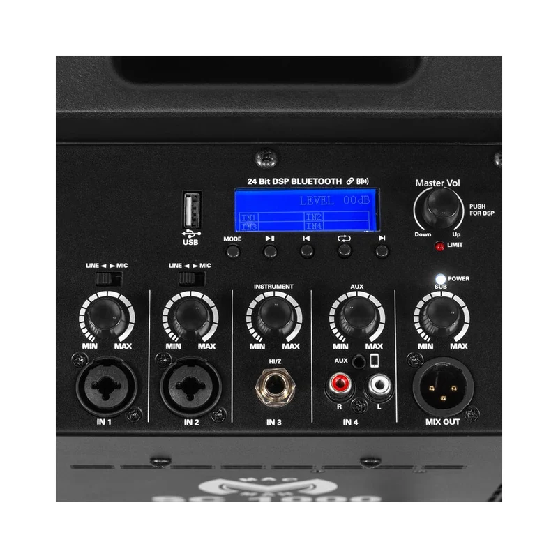 Mac Mah 1000 W floorstanding PA system with DSP, 12" subwoofer + 4 × 4" + 1 × 1" satellite, Bluetooth 5.2 TWS, 4-input mixer