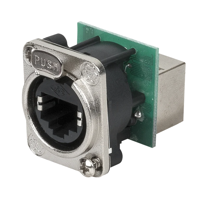 DAP Ethernet RJ45 D-size Chassis Feedthrough receptacle in D-sized metal flange with the secure latching system - Nickel - CAT5E Connettore passante in flangia metallica di tipo D con sistema di aggancio sicuro. Nichel