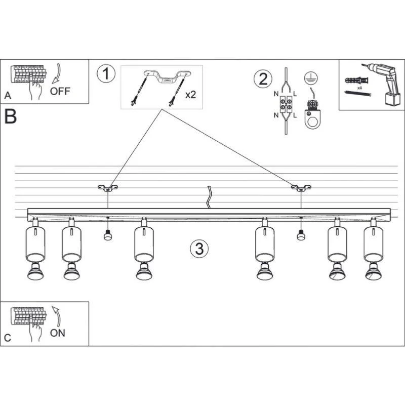 Plafonnier Spot Orientable Noir pour 6 Ampoules GU10