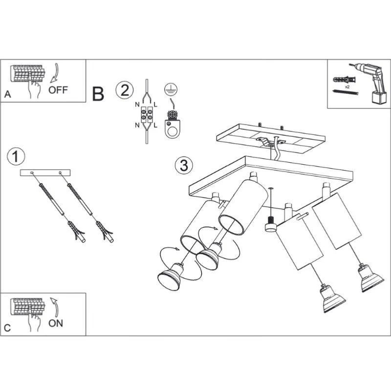 Plafonnier Spot Carré Blanc Orientable pour 4 Ampoules GU10