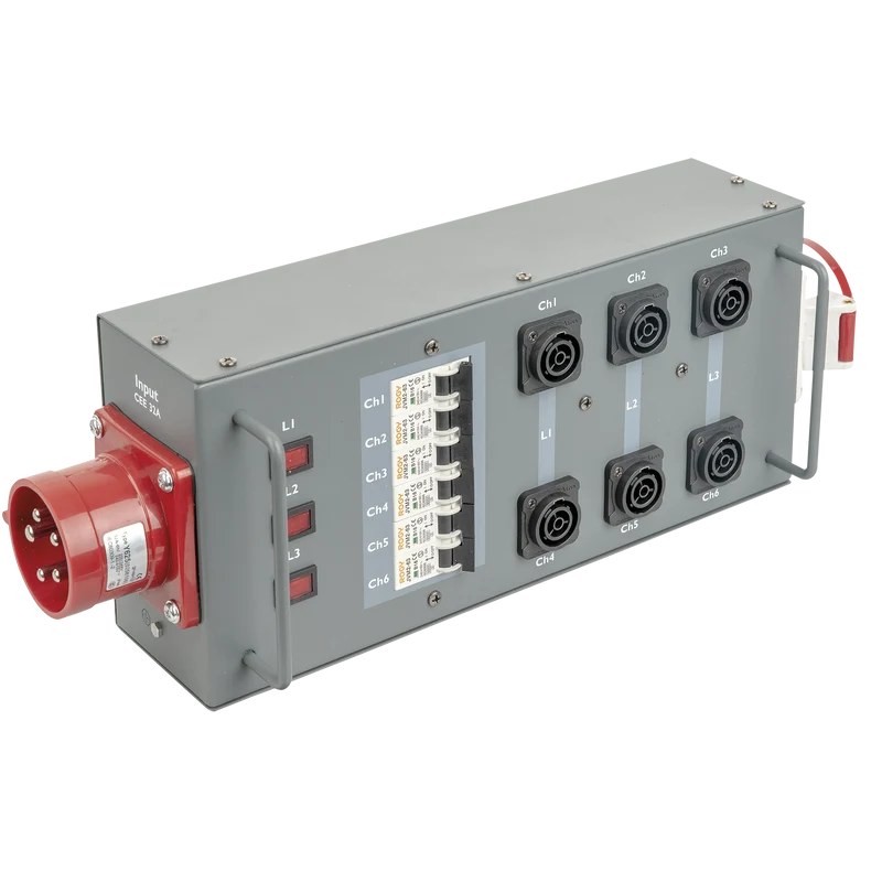 SHOWGEAR Power Split 32 True CEE 32 A 6x Power Pro True - 1x CEE 32 A 5P Powersplit con fusibile - CEE a ProPower True1