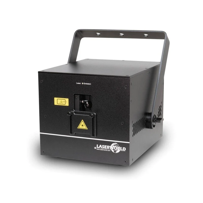 Laserworld 7000 mW compact RGB diode laser, built-in 6400 mAh battery, beam specs of approx. 5.5 mm / 1.1 mrad, 30 kpps @ 8°