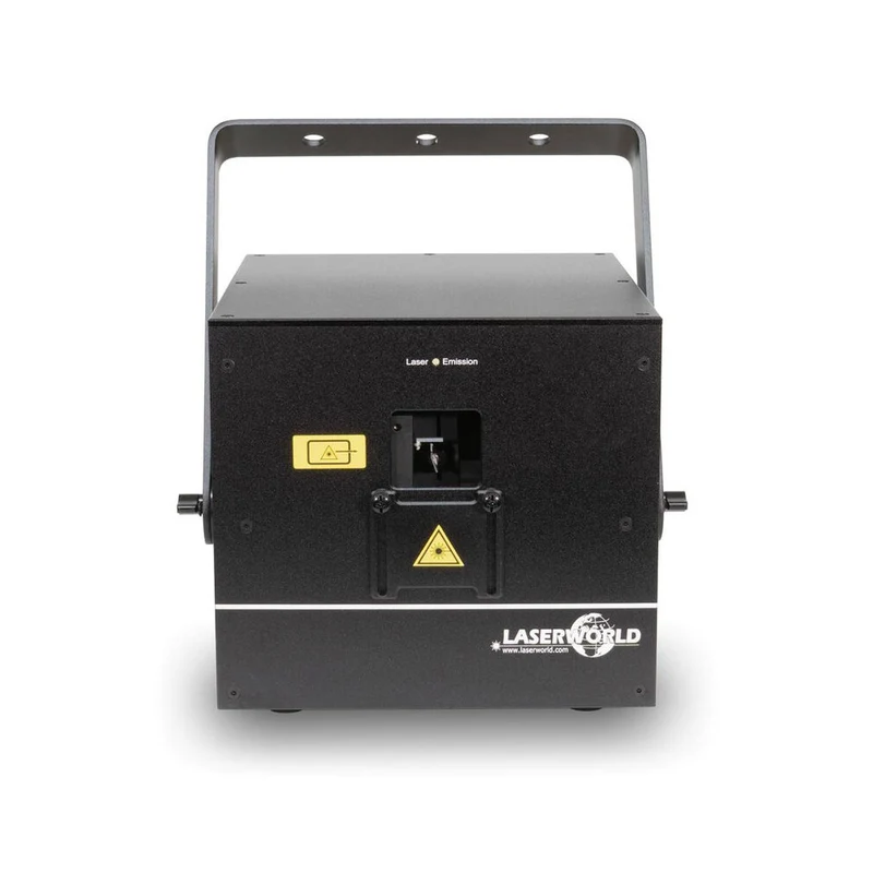 Laserworld 7000 mW compact RGB diode laser, built-in 6400 mAh battery, beam specs of approx. 5.5 mm / 1.1 mrad, 30 kpps @ 8°