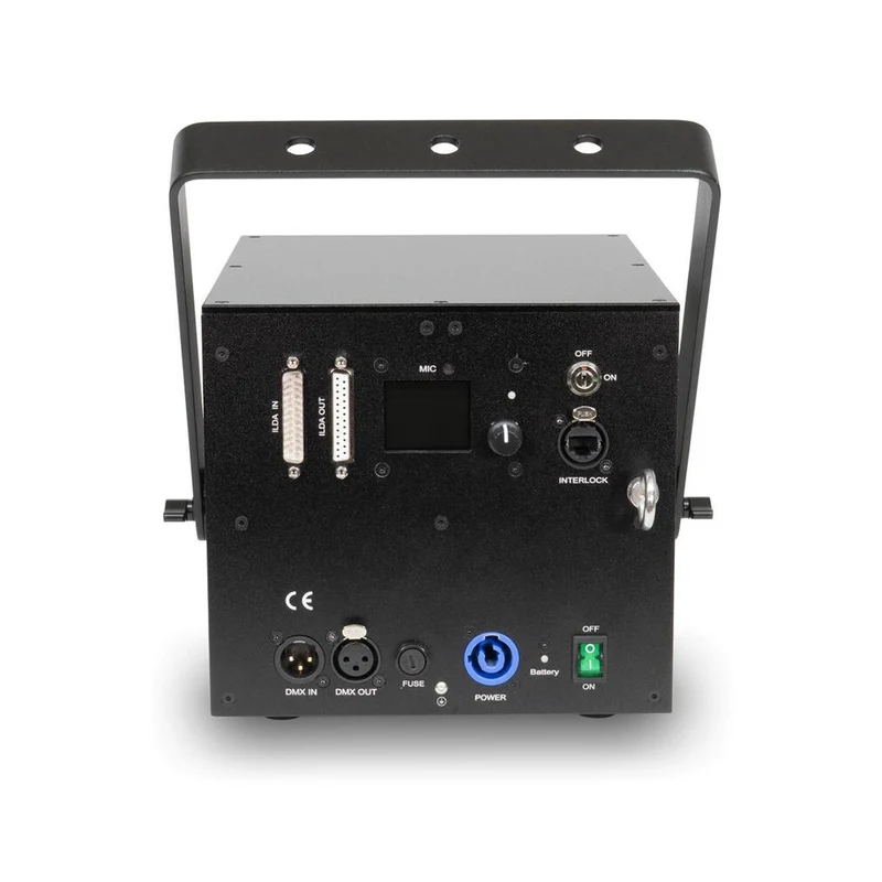 Laserworld 7000 mW compact RGB diode laser, built-in 6400 mAh battery, beam specs of approx. 5.5 mm / 1.1 mrad, 30 kpps @ 8°