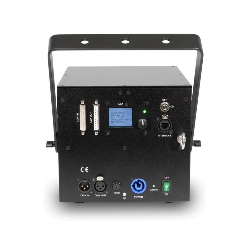 Laserworld 7000 mW compact RGB diode laser, built-in 6400 mAh battery, beam specs of approx. 5.5 mm / 1.1 mrad, 30 kpps @ 8°